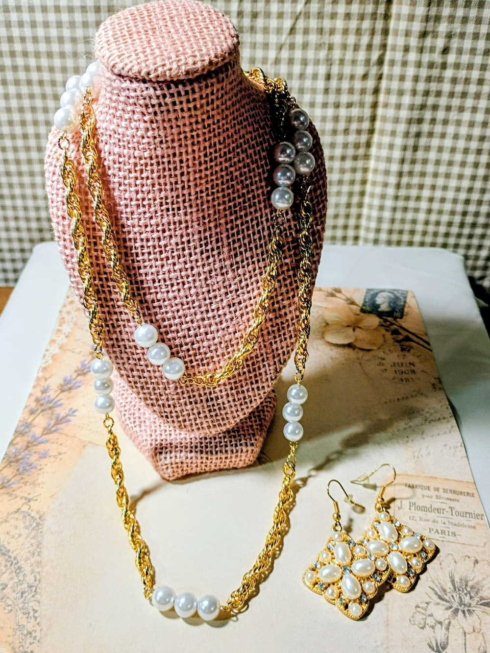 Gold and White Pearl Long Necklace & Earring Set - Elegant Women Jewelry